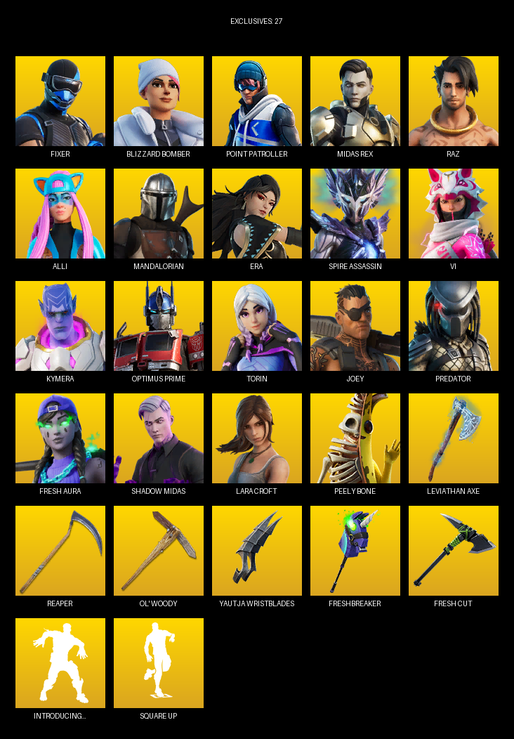 Fortnite Account ( PC ) (Point Patroller, Lara Croft, Fixer, Blizzard Bomber, Midas Rex, Raz, Alli, Mandalorian, Era, Spire Assassin, Vi, Kymera, Optimus Prime, Torin, Joey, Predator, Thanos, Goku Black, Fresh Aura) (101 Skins)