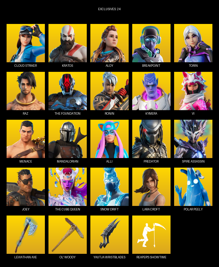 Fortnite Account ( PC ) (Lara Croft, Cloud Striker, Kratos, Aloy, Breakpoint, Torin, Raz, The Foundation, Ronin, Kymera, Vi, Menace, Mandalorian, Alli, Predator, Spire Assassin, Joey, J Balvin, Carnage) (72 Skins)