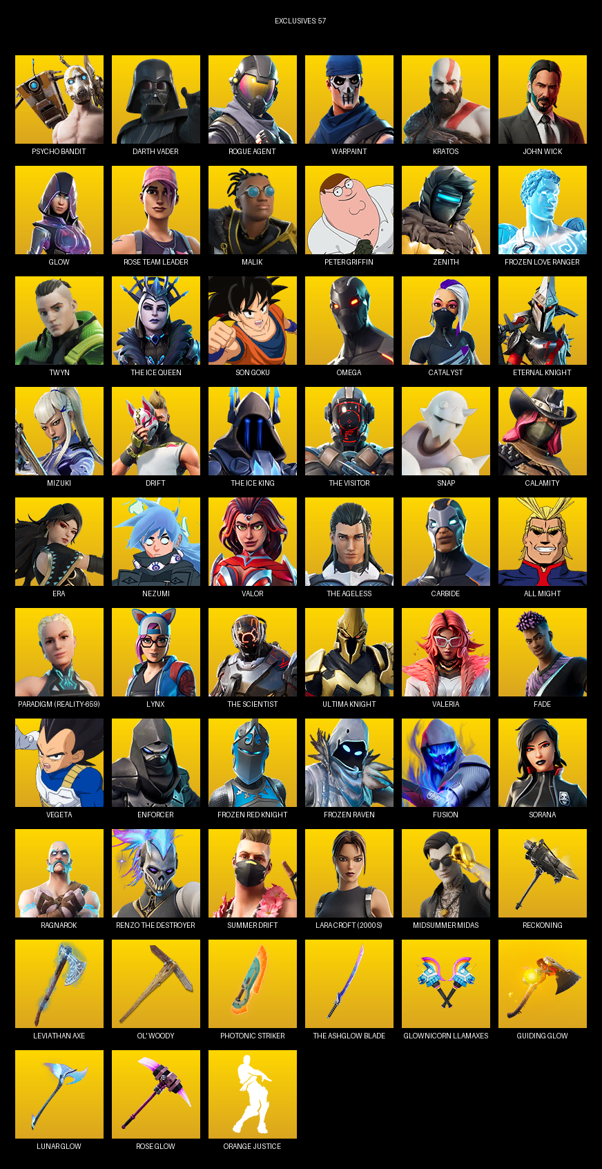 Fortnite Account ( PLAYSTATION / PC ) (Omega, Psycho Bandit, Darth Vader, Rogue Agent, Warpaint, Kratos, John Wick, Glow, Rose Team Leader, Malik, Peter Griffin, Zenith, Frozen Love Ranger, Twyn, The Ice Queen, Son Goku, Catalyst, Eternal Knight, Mizuki, Drift) (218 Skins)