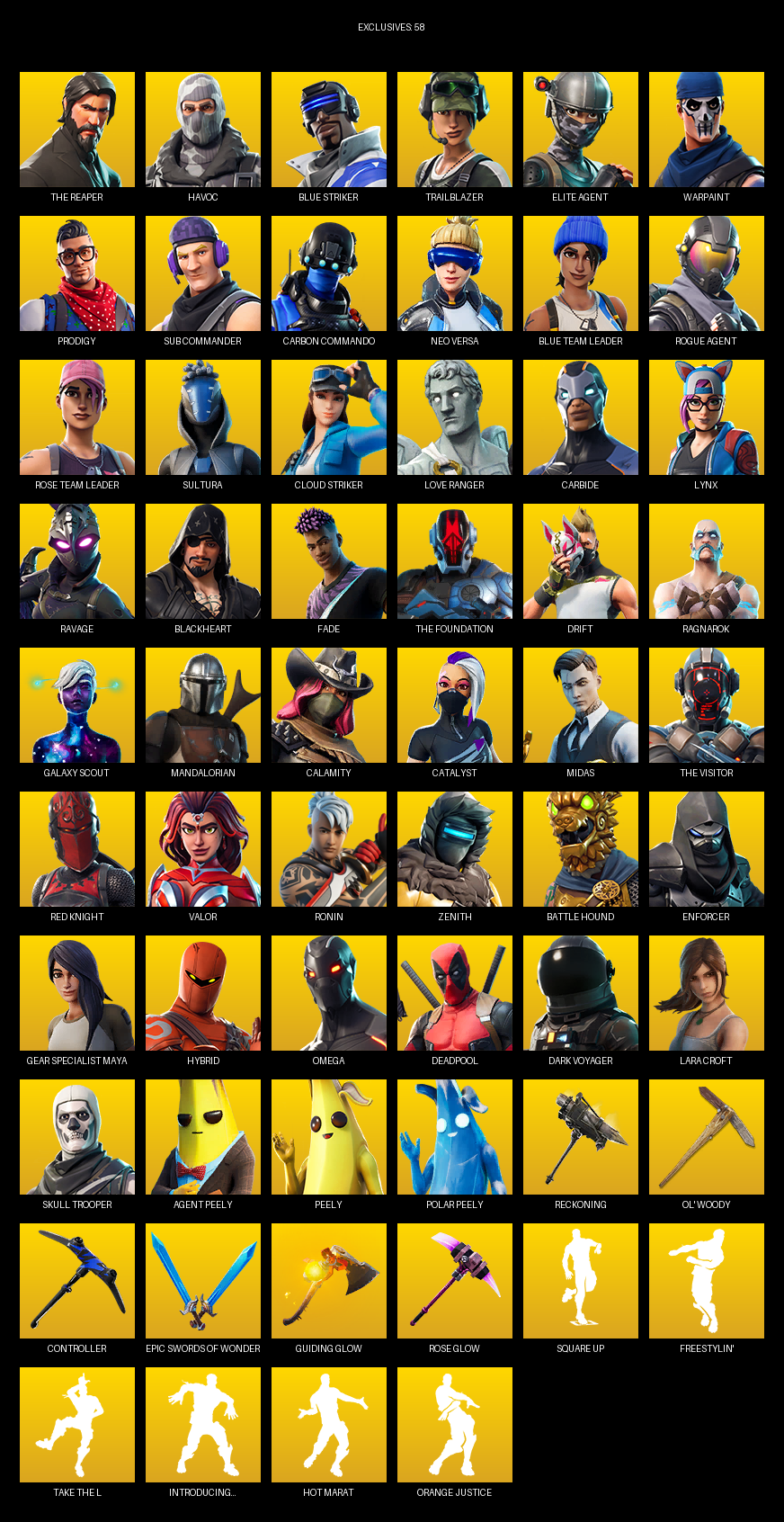 Fortnite Account ( PC ) (The Reaper, Elite Agent, Gear Specialist Maya, Omega, Lara Croft, Havoc, Blue Striker, Trailblazer, Warpaint, Prodigy, Sub Commander, Carbon Commando, Neo Versa, Rose Team Leader, Sultura, Love Ranger, Carbide) (115 Skins)