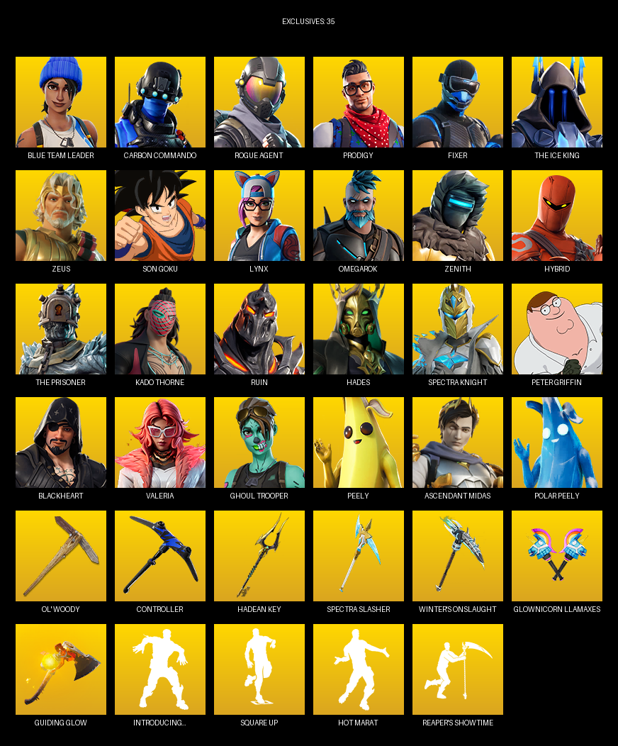 Fortnite Account ( PC / PLAYSTATION / XBOX ) (Blue Team Leader, Carbon Commando, Rogue Agent, Prodigy, Fixer, The Ice King, Zeus, Son Goku, Lynx, Omegarok, Zenith, Hybrid, Kado Thorne, Ruin, Hades, Spectra Knight, Peter Griffin, Blackheart, Valeria) (106 Skins)