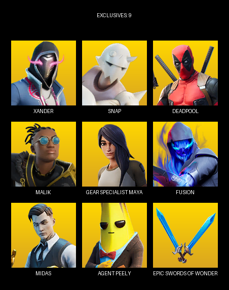 Fortnite Account ( PC / PLAYSTATION / XBOX ) (Gear Specialist Maya, Xander, Snap, Deadpool, Malik, Fusion, Midas, Agent Peely, TNTina, Evie, Sith Trooper, Red Strike, Skye, Brutus, Lt. Evergreen, 8-Ball vs Scratch, Meowscles, Trailblazer Tai, Wrap Trapper) (32 Skins)