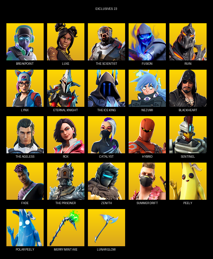 Fortnite Account ( PC ) (Breakpoint, Luxe, The Scientist, Fusion, Ruin, Lynx, Eternal Knight, Nezumi, Blackheart, Rox, Catalyst, Hybrid, Sentinel, Fade, Zenith, Captain Jones, Peabody) (102 Skins) Fortnite Account ( PC ) (Breakpoint, Luxe, The Scientist, Fusion, Ruin, Lynx, Eternal Knight, Nezumi, Blackheart, Rox, Catalyst, Hybrid, Sentinel, Fade, Zenith, Captain Jones, Peabody) (102 Skins)