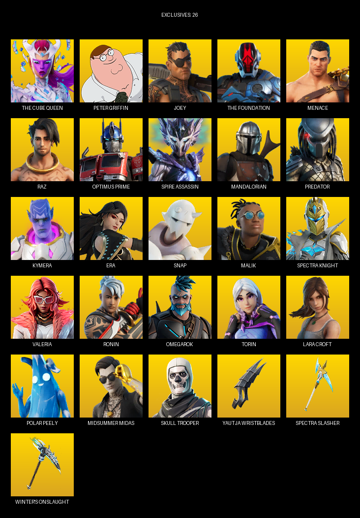Fortnite Account ( PC ) (Lara Croft, The Cube Queen, Peter Griffin, Joey, Menace, Raz, Optimus Prime, Spire Assassin, Mandalorian, Predator, Kymera, Era, Snap, Malik, Spectra Knight, Valeria, Ronin, Omegarok, Torin) (107 Skins)