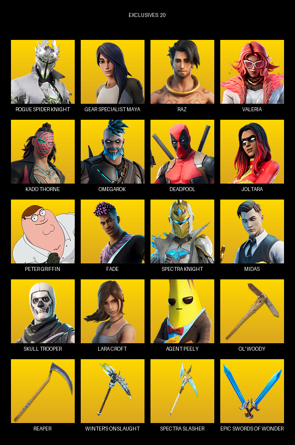 Fortnite Account ( PC / PLAYSTATION / XBOX ) (Gear Specialist Maya, Lara Croft, Rogue Spider Knight, Raz, Valeria, Kado Thorne, Omegarok, Deadpool, Joltara, Peter Griffin, Fade, Midas, Heartbreak Ranger, Vengeance Jones, Scuba Jonesy, Renegade Lynx, Oscar, Piper Pace, Meowscles) (73 Skins)