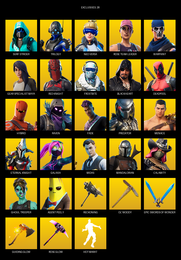 Fortnite Account ( PC / PLAYSTATION / XBOX ) (Gear Specialist Maya, Surf Strider, Trilogy, Neo Versa, Rose Team Leader, Warpaint, Red Knight, Frostbite, Blackheart, Deadpool, Hybrid, Raven, Fade, Predator, Menace, Galaxia, Midas, Mandalorian, Calamity) (62 Skins)