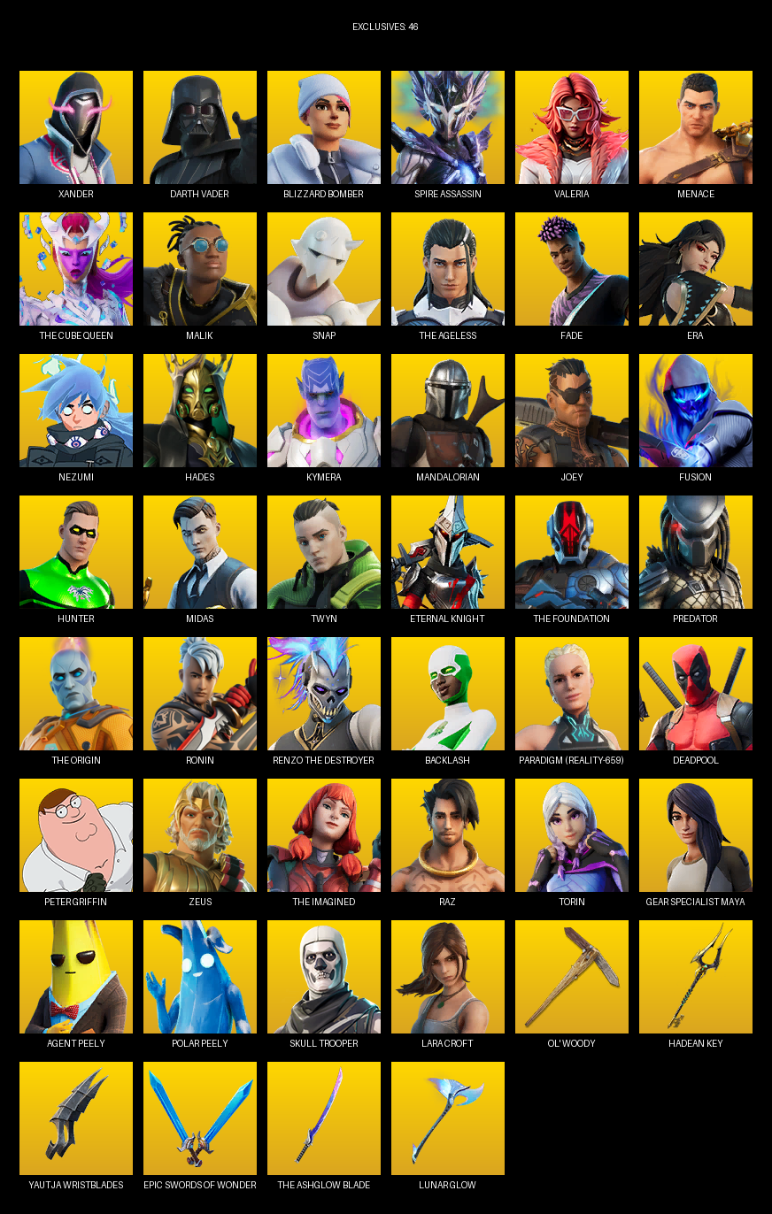 Fortnite Account ( PC ) (Gear Specialist Maya, Lara Croft, Xander, Darth Vader, Blizzard Bomber, Spire Assassin, Valeria, Menace, The Cube Queen, Malik, Snap, Fade, Era, Nezumi, Hades, Kymera, Mandalorian, Joey, Fusion) (160 Skins) Fortnite Account ( PC ) (Gear Specialist Maya, Lara Croft, Xander, Darth Vader, Blizzard Bomber, Spire Assassin, Valeria, Menace, The Cube Queen, Malik, Snap, Fade, Era, Nezumi, Hades, Kymera, Mandalorian, Joey, Fusion) (160 Skins)