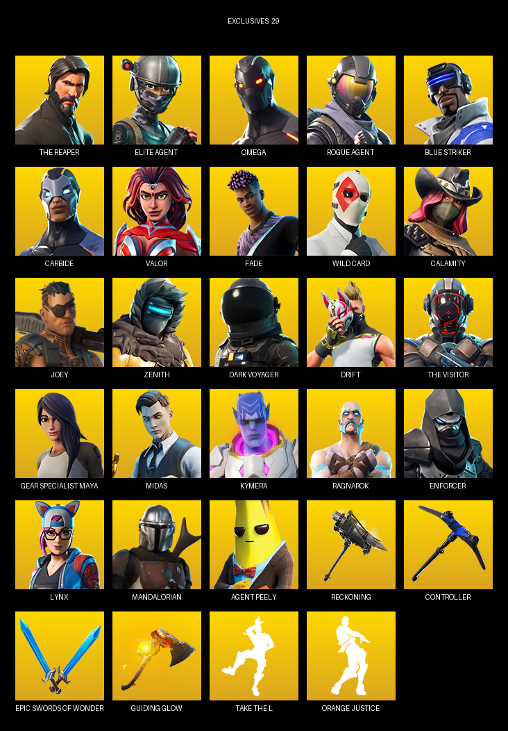 Fortnite Account ( PC ) (The Reaper, Elite Agent, Omega, Gear Specialist Maya, Blue Striker, Carbide, Valor, Fade, Wild Card, Calamity, Joey, Zenith, Dark Voyager, Drift, Midas, Kymera, Ragnarok, Enforcer) (63 Skins)