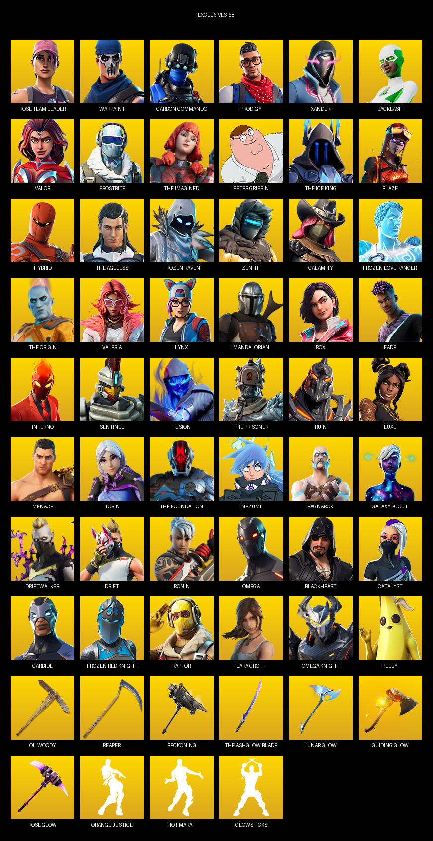 Fortnite Account ( PC / PLAYSTATION ) (Omega, Lara Croft, Rose Team Leader, Warpaint, Carbon Commando, Prodigy, Xander, Backlash, Valor, Frostbite, The Imagined, Peter Griffin, Blaze, Hybrid, Frozen Raven, Zenith, Calamity) (173 Skins)