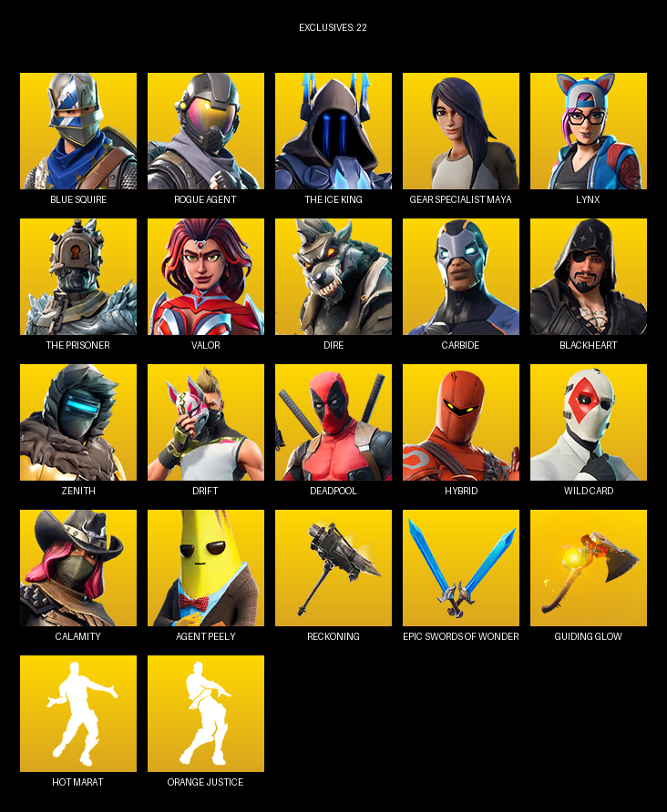 Fortnite Account ( PC / PLAYSTATION / XBOX ) (Blue Squire, Gear Specialist Maya, Rogue Agent, The Ice King, Lynx, Valor, Dire, Carbide, Blackheart, Zenith, Drift, Deadpool, Hybrid, Wild Card, Calamity, Redline, Huntress, Sun Strider, Giddy-up) (40 Skins)