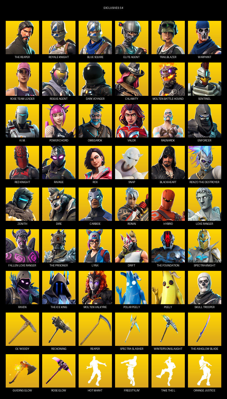 Fortnite Account ( PC ) (The Reaper, Royale Knight, Blue Squire, Elite Agent, Trailblazer, Warpaint, Rose Team Leader, Dark Voyager, Calamity, Molten Battle Hound, Sentinel, A.I.M., Power Chord, Omegarok, Valor, Ragnarok, Enforcer, Ravage) (117 Skins)