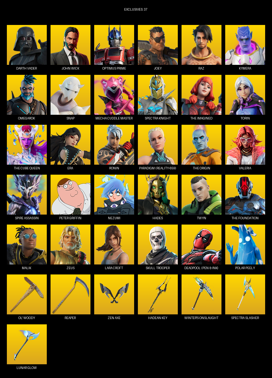 Fortnite Account ( PC / PLAYSTATION ) (Lara Croft, Darth Vader, John Wick, Optimus Prime, Joey, Raz, Kymera, Omegarok, Snap, Mecha Cuddle Master, Spectra Knight, The Imagined, Torin, Era, Ronin, Paradigm (Reality-659), Valeria, Spire Assassin) (143 Skins)