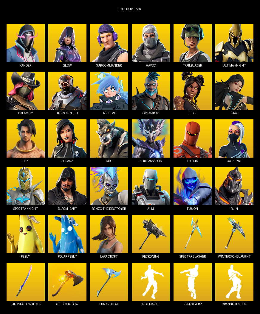 Fortnite Account ( PC ) (Lara Croft, Xander, Glow, Sub Commander, Havoc, Trailblazer, Ultima Knight, Calamity, The Scientist, Nezumi, Omegarok, Luxe, Era, Raz, Sorana, Dire, Spire Assassin, Hybrid, Catalyst) (124 Skins)