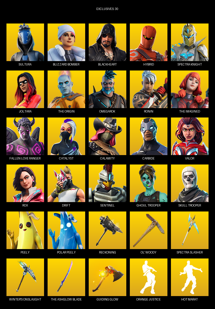 Fortnite Account ( PC ) (Sultura, Blizzard Bomber, Blackheart, Hybrid, Spectra Knight, Joltara, The Origin, Omegarok, Ronin, Fallen Love Ranger, Catalyst, Calamity, Carbide, Valor, Rox, Drift, Sentinel, Lt. Evergreen, Sidewinder) (105 Skins)