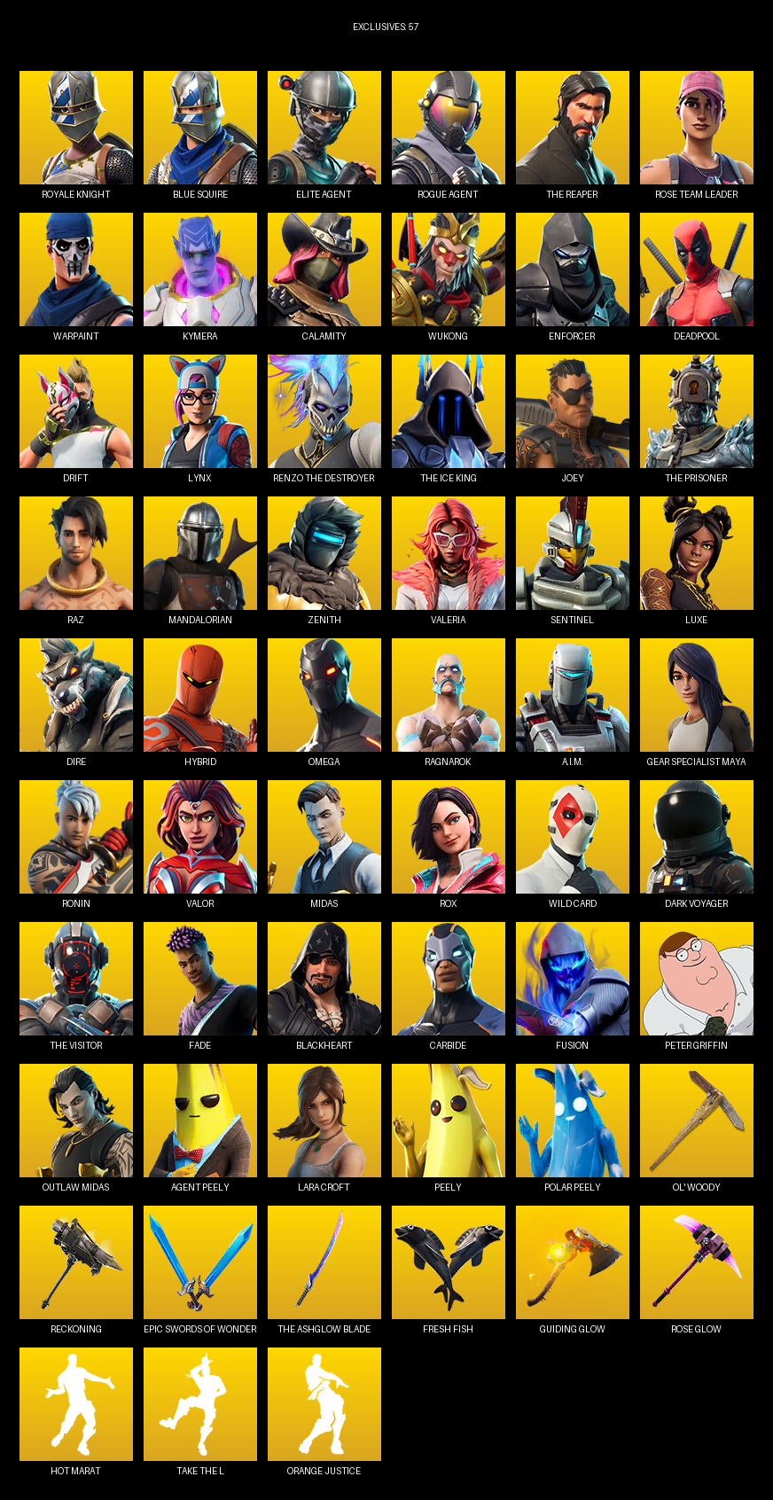 Fortnite Account ( PC ) (Royale Knight, Blue Squire, Elite Agent, The Reaper, Omega, Gear Specialist Maya, Lara Croft, Rose Team Leader, Warpaint, Kymera, Calamity, Wukong, Enforcer, Deadpool, Drift, Lynx, Joey) (142 Skins)