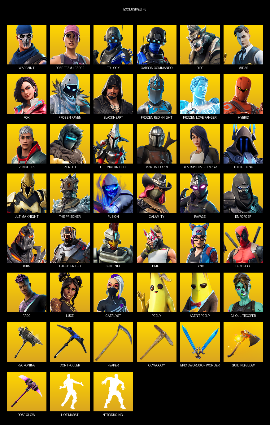 Fortnite Account ( PC ) (Gear Specialist Maya, Warpaint, Rose Team Leader, Trilogy, Carbon Commando, Dire, Midas, Rox, Frozen Raven, Blackheart, Hybrid, Vendetta, Zenith, Eternal Knight, Mandalorian, The Ice King) (110 Skins)