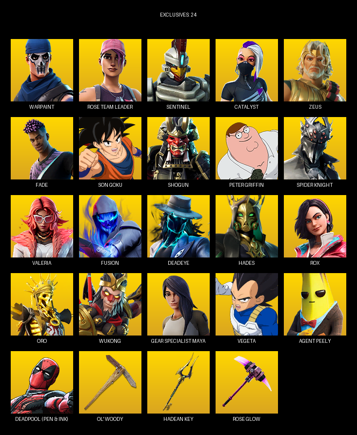 Fortnite Account ( PC ) (Gear Specialist Maya, Warpaint, Rose Team Leader, Sentinel, Catalyst, Zeus, Fade, Son Goku, Shogun, Peter Griffin, Spider Knight, Valeria, Fusion, Deadeye, Hades, Rox, Oro, Wukong, Vegeta, Artemis) (116 Skins)