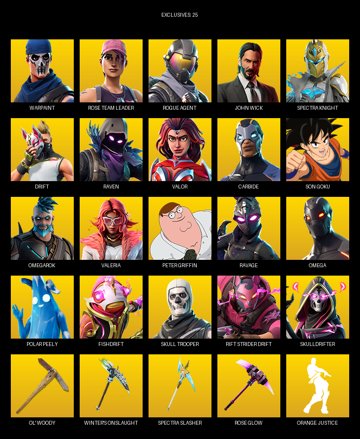Fortnite Account ( PC ) (Omega, Warpaint, Rose Team Leader, Rogue Agent, John Wick, Spectra Knight, Drift, Raven, Valor, Carbide, Son Goku, Omegarok, Valeria, Peter Griffin, Ravage, Mecha Morty, Polar Peely, Huntress, Zoey, Fishdrift) (57 Skins)