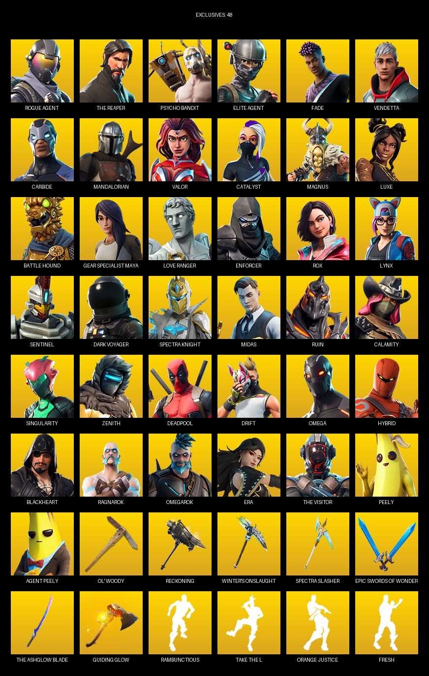 Fortnite Account ( PC ) (The Reaper, Elite Agent, Gear Specialist Maya, Omega, Psycho Bandit, Fade, Vendetta, Carbide, Mandalorian, Valor, Catalyst, Magnus, Luxe, Battle Hound, Love Ranger, Enforcer, Rox, Lynx, Sentinel) (110 Skins)