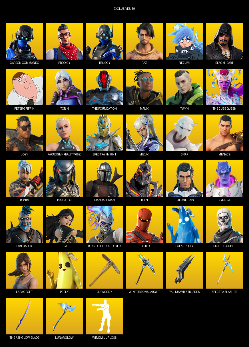 Fortnite Account ( PC ) (Lara Croft, Carbon Commando, Prodigy, Trilogy, Raz, Nezumi, Blackheart, Peter Griffin, Torin, The Foundation, Malik, Twyn, Joey, Paradigm (Reality-659), Spectra Knight, Mizuki, Snap, Menace, Ronin) (144 Skins)
