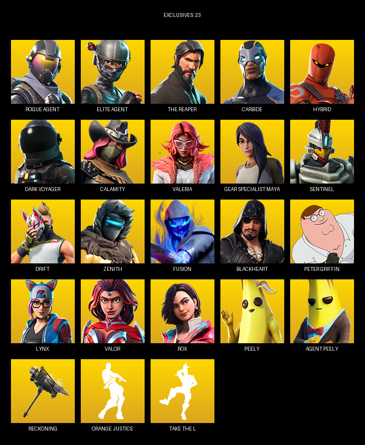 Fortnite Account ( PC / PLAYSTATION / XBOX ) (Elite Agent, The Reaper, Gear Specialist Maya, Carbide, Hybrid, Dark Voyager, Calamity, Valeria, Sentinel, Drift, Zenith, Fusion, Blackheart, Peter Griffin, Lynx, Valor, Rox, Moonwalker, Lt. Evergreen) (61 Skins)