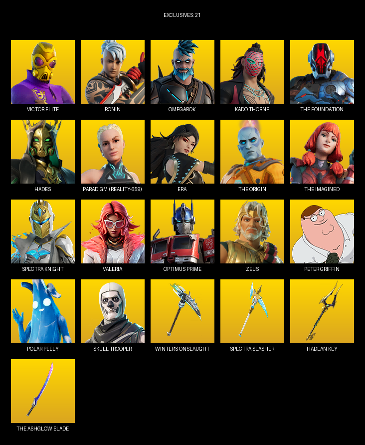 Fortnite Account ( PC ) (Victor Elite, Ronin, Omegarok, Kado Thorne, The Foundation, Hades, Paradigm (Reality-659), Era, Spectra Knight, Valeria, Optimus Prime, Zeus, Peter Griffin, Aphrodite, Nisha, Harlowe, Lt. John Llama, Ahsoka Tano) (82 Skins)