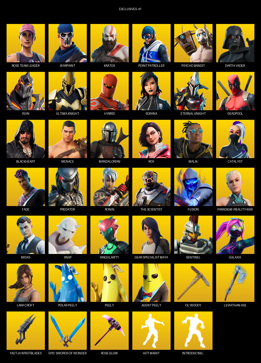 Fortnite Account ( PC ) (Point Patroller, Gear Specialist Maya, Lara Croft, Rose Team Leader, Warpaint, Kratos, Psycho Bandit, Darth Vader, Ruin, Ultima Knight, Hybrid, Sorana, Deadpool, Blackheart, Menace, Mandalorian, Rox, Malik, Catalyst) (100 Skins)