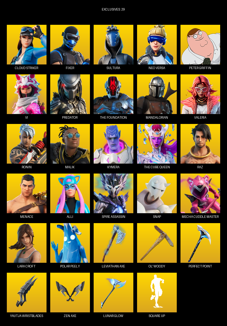 Fortnite Account ( PC ) (Lara Croft, Cloud Striker, Fixer, Sultura, Neo Versa, Peter Griffin, Vi, Predator, The Foundation, Mandalorian, Valeria, Ronin, Malik, Kymera, Raz, Menace, Alli, Spire Assassin, Snap) (101 Skins)