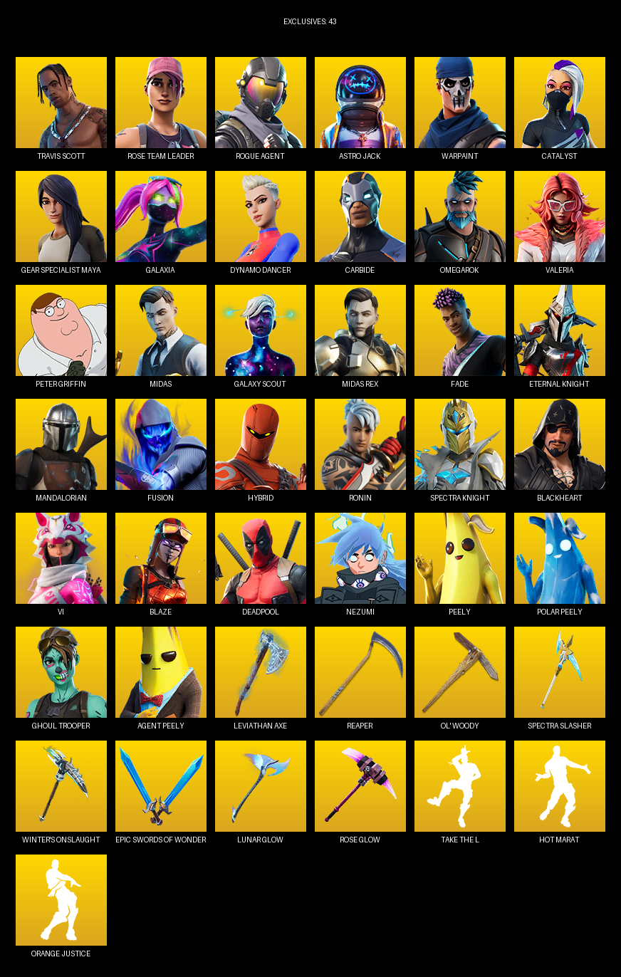 Fortnite Account ( PLAYSTATION / PC ) (Travis Scott, Gear Specialist Maya, Rose Team Leader, Rogue Agent, Astro Jack, Warpaint, Catalyst, Galaxia, Dynamo Dancer, Carbide, Omegarok, Valeria, Peter Griffin, Midas, Galaxy Scout, Fade, Eternal Knight, Mandalorian, Fusion) (141 Skins)
