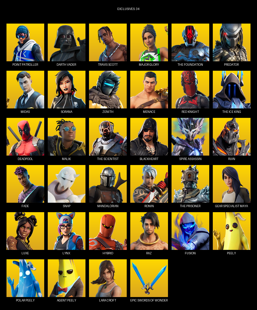 Fortnite Account ( PC ) (Travis Scott, Gear Specialist Maya, Lara Croft, Darth Vader, Major Glory, The Foundation, Predator, Midas, Sorana, Zenith, Menace, Red Knight, Deadpool, Malik, Blackheart, Spire Assassin, Ruin) (102 Skins)