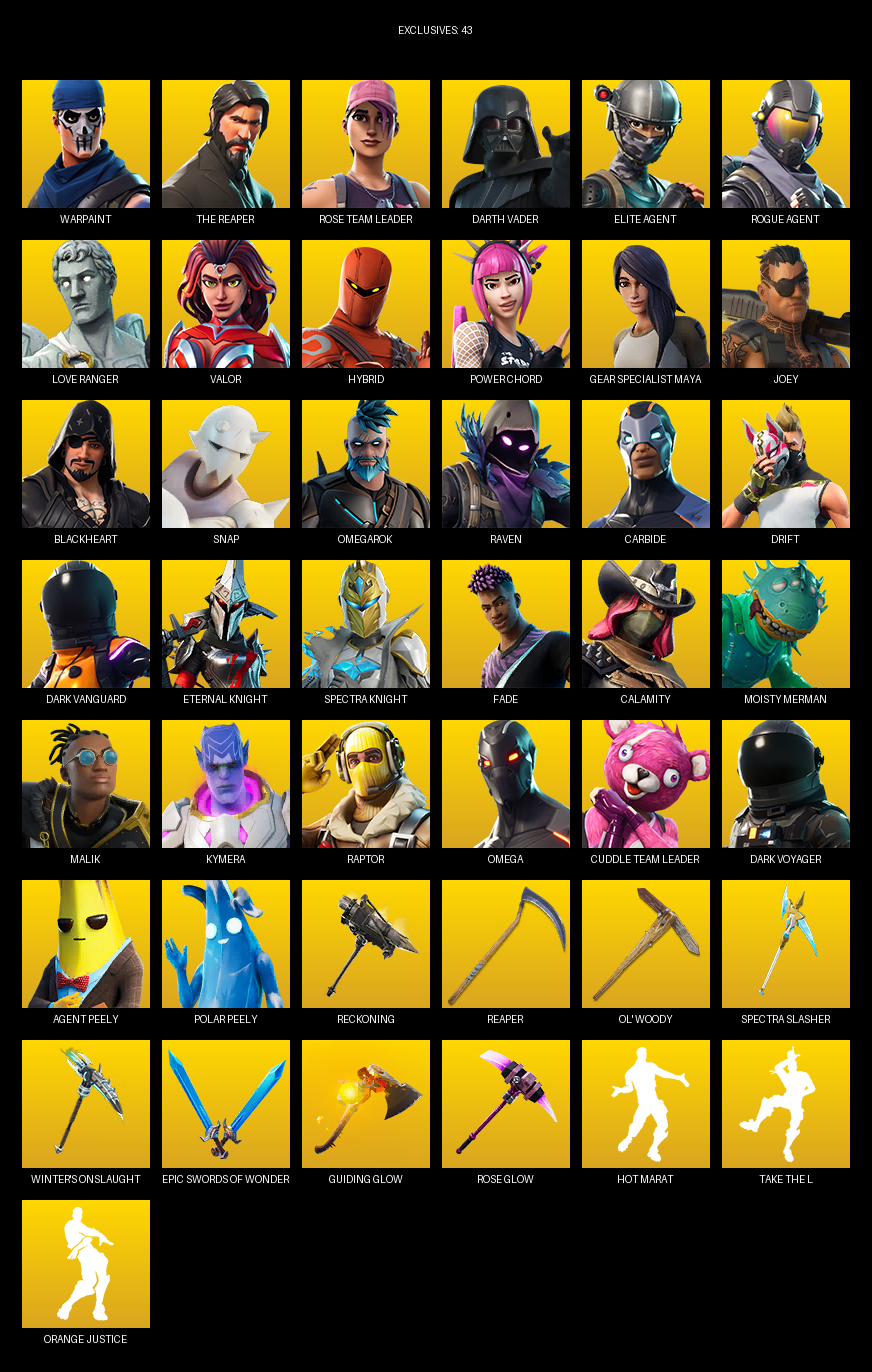Fortnite Account ( PC ) (The Reaper, Elite Agent, Gear Specialist Maya, Omega, Warpaint, Rose Team Leader, Darth Vader, Love Ranger, Valor, Hybrid, Power Chord, Joey, Blackheart, Snap, Omegarok, Raven, Carbide, Drift, Dark Vanguard) (113 Skins)