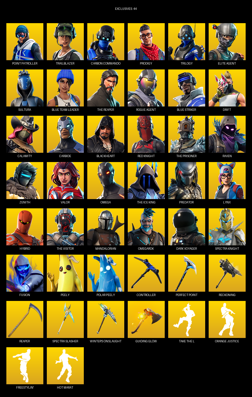 Fortnite Account ( PC ) (Point Patroller, Elite Agent, The Reaper, Omega, Trailblazer, Carbon Commando, Prodigy, Trilogy, Sultura, Blue Team Leader, Drift, Calamity, Carbide, Blackheart, Red Knight, Raven, Zenith) (103 Skins)
