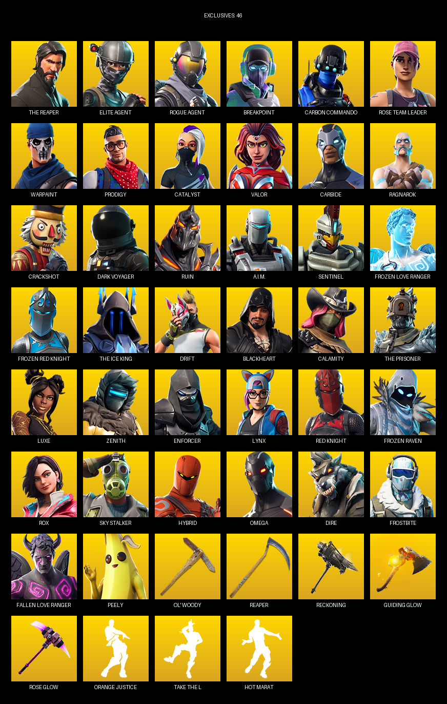 Fortnite Account ( PC ) (The Reaper, Elite Agent, Omega, Breakpoint, Carbon Commando, Rose Team Leader, Warpaint, Prodigy, Catalyst, Valor, Carbide, Ragnarok, Crackshot, Dark Voyager, Ruin, A.I.M., Sentinel, Frozen Love Ranger) (123 Skins)