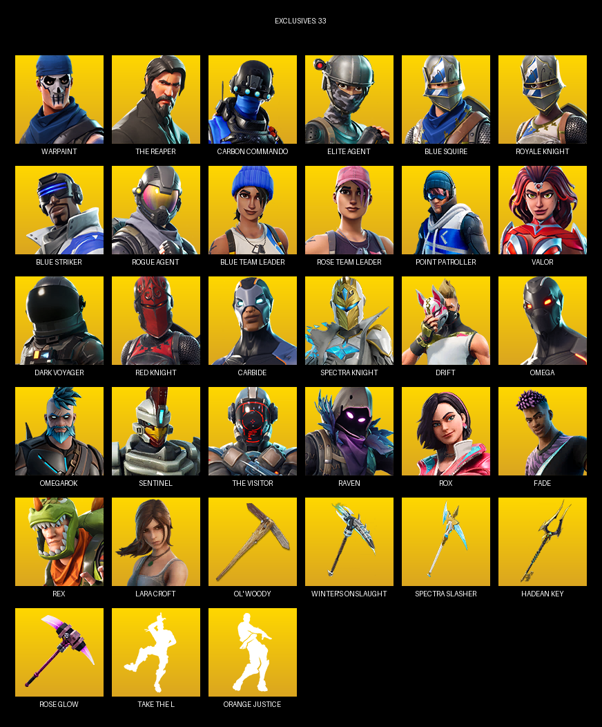 Fortnite Account ( PC ) (The Reaper, Elite Agent, Blue Squire, Royale Knight, Point Patroller, Omega, Lara Croft, Warpaint, Carbon Commando, Rose Team Leader, Valor, Dark Voyager, Carbide, Drift, Omegarok) (80 Skins)