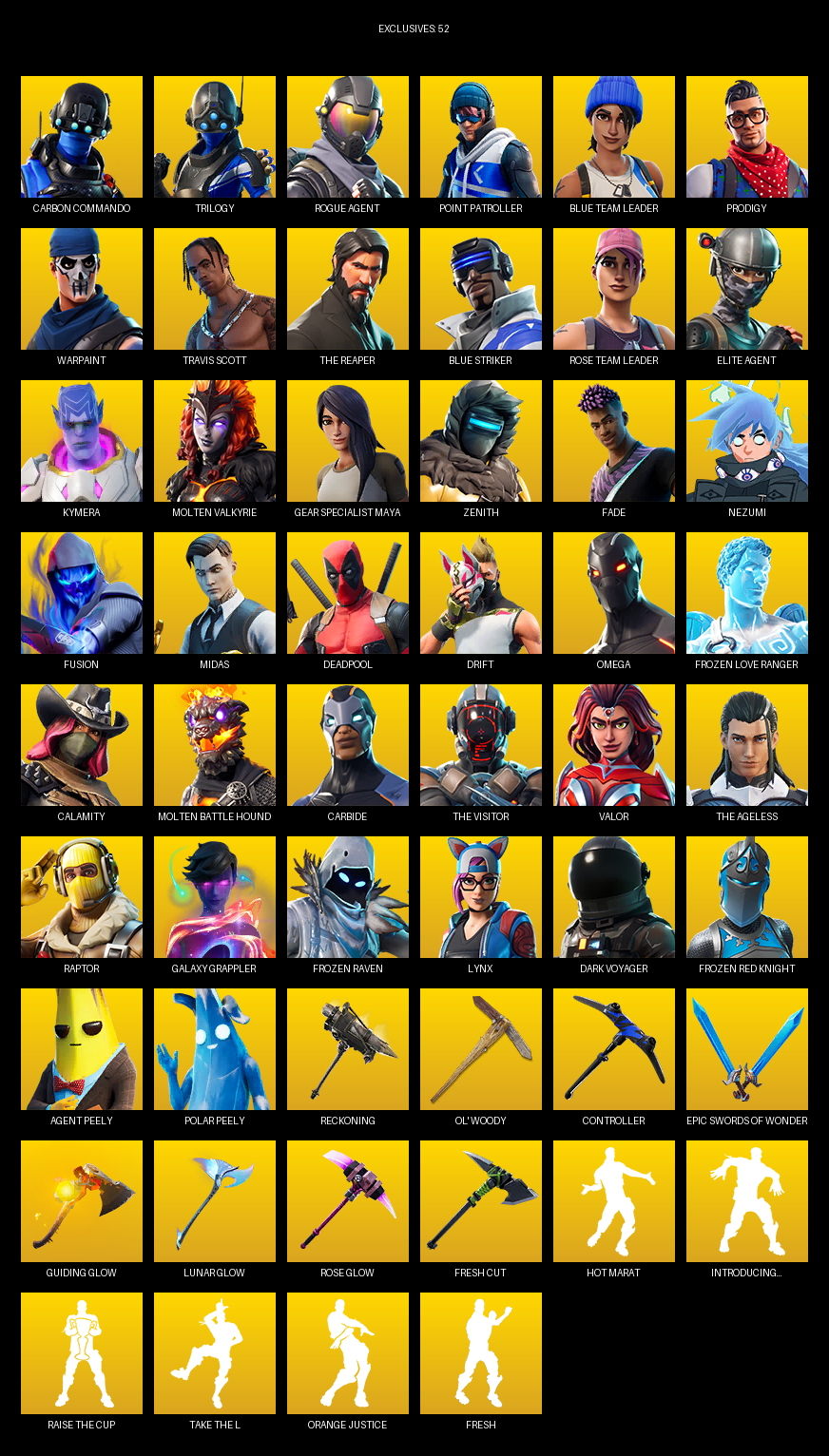Fortnite Account ( PC ) (Travis Scott, Point Patroller, The Reaper, Elite Agent, Gear Specialist Maya, Omega, Carbon Commando, Trilogy, Blue Team Leader, Prodigy, Warpaint, Kymera, Molten Valkyrie, Zenith, Fade, Nezumi, Fusion) (108 Skins)