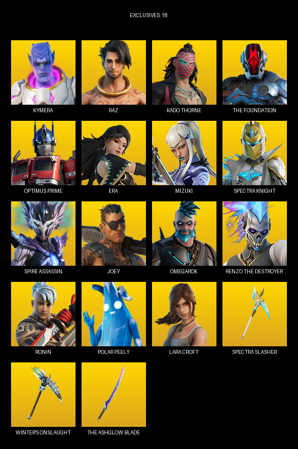 Fortnite Account ( PC ) (Lara Croft, Kymera, Raz, Kado Thorne, The Foundation, Optimus Prime, Era, Mizuki, Spectra Knight, Spire Assassin, Joey, Omegarok, Ronin, Stray, Doom, Trace, Lil Split, Neymar Jr, Fish Thicc) (72 Skins)
