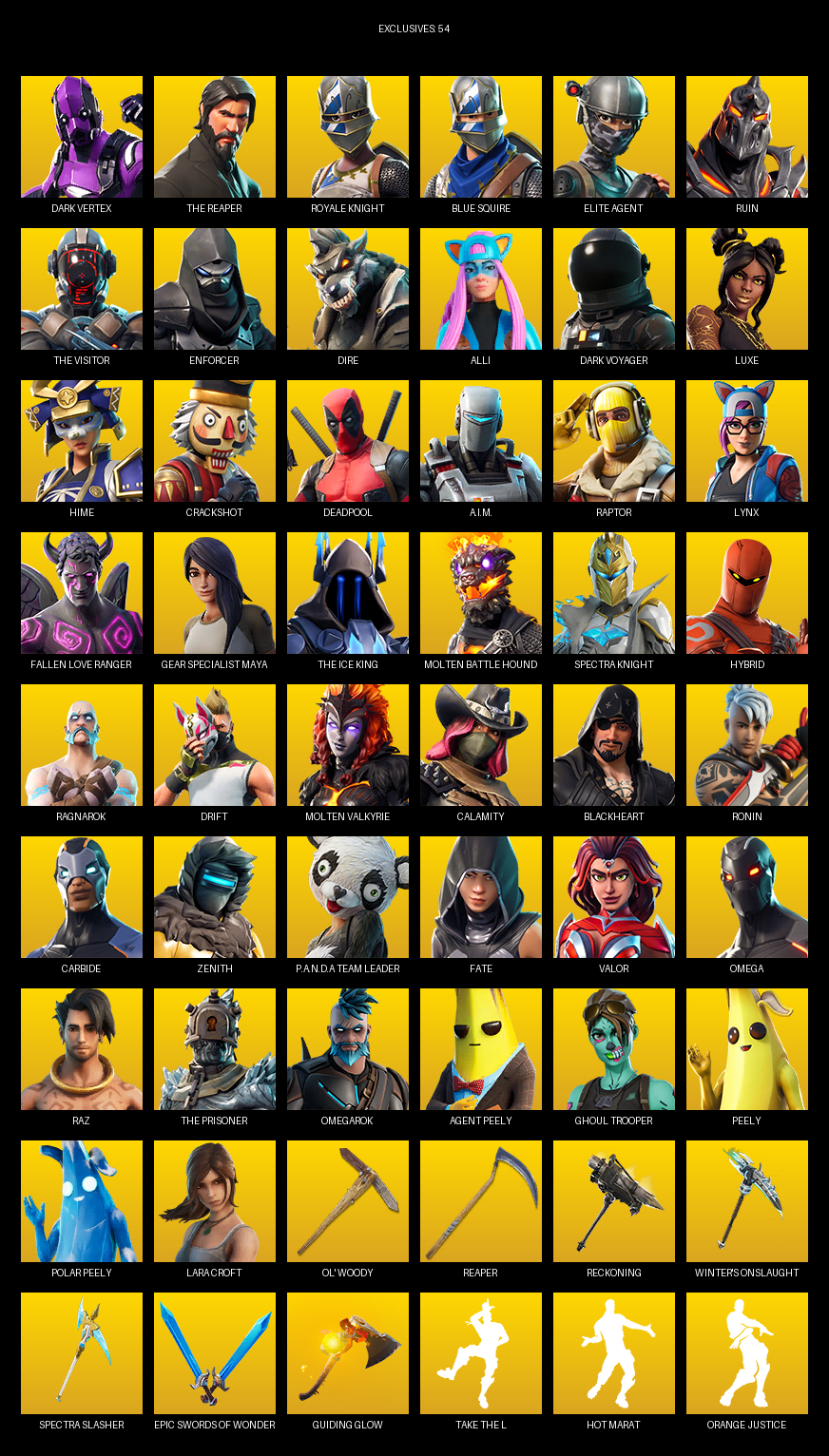 Fortnite Account ( PC / PLAYSTATION ) (The Reaper, Royale Knight, Blue Squire, Elite Agent, Gear Specialist Maya, Omega, Lara Croft, Dark Vertex, Reflex, Ruin, Enforcer, Dire, Alli, Luxe, Hime, Crackshot, Deadpool, A.I.M.) (163 Skins)