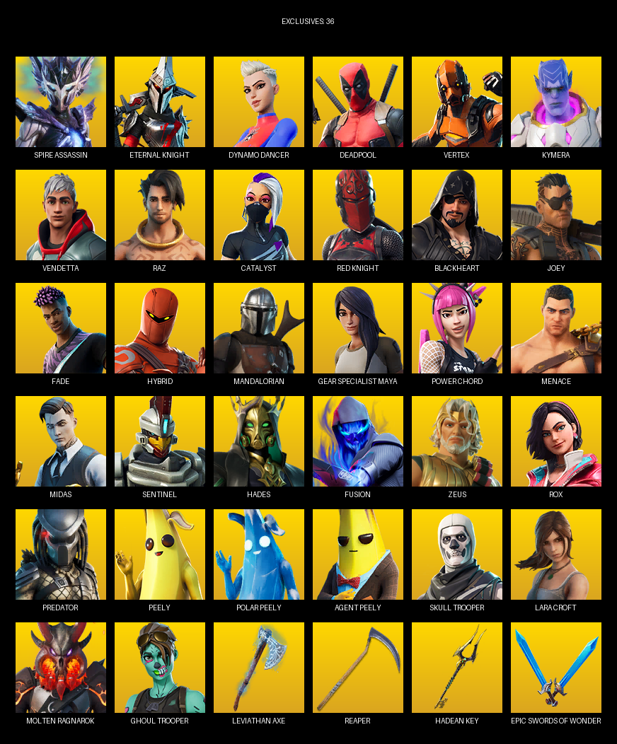 Fortnite Account ( PC / PLAYSTATION / XBOX ) (Gear Specialist Maya, Lara Croft, Spire Assassin, Eternal Knight, Dynamo Dancer, Deadpool, Vertex, Kymera, Vendetta, Raz, Catalyst, Blackheart, Joey, Fade, Hybrid, Mandalorian, Power Chord, Menace, Midas) (185 Skins)