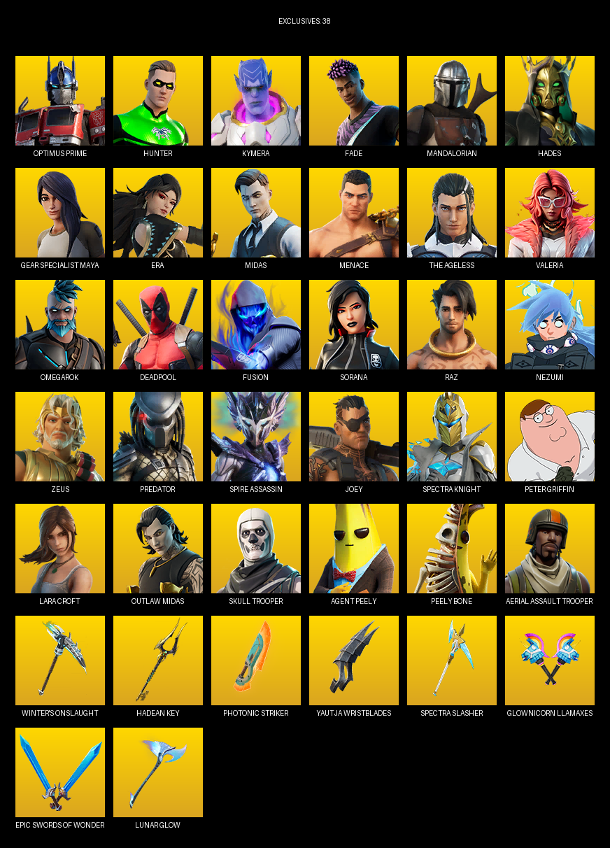 Fortnite Account ( PC / PLAYSTATION / XBOX ) (Gear Specialist Maya, Lara Croft, Aerial Assault Trooper, Optimus Prime, Hunter, Kymera, Fade, Mandalorian, Hades, Era, Midas, Menace, The Ageless, Valeria, Omegarok, Deadpool, Fusion, Sorana, Raz, Nezumi) (204 Skins)