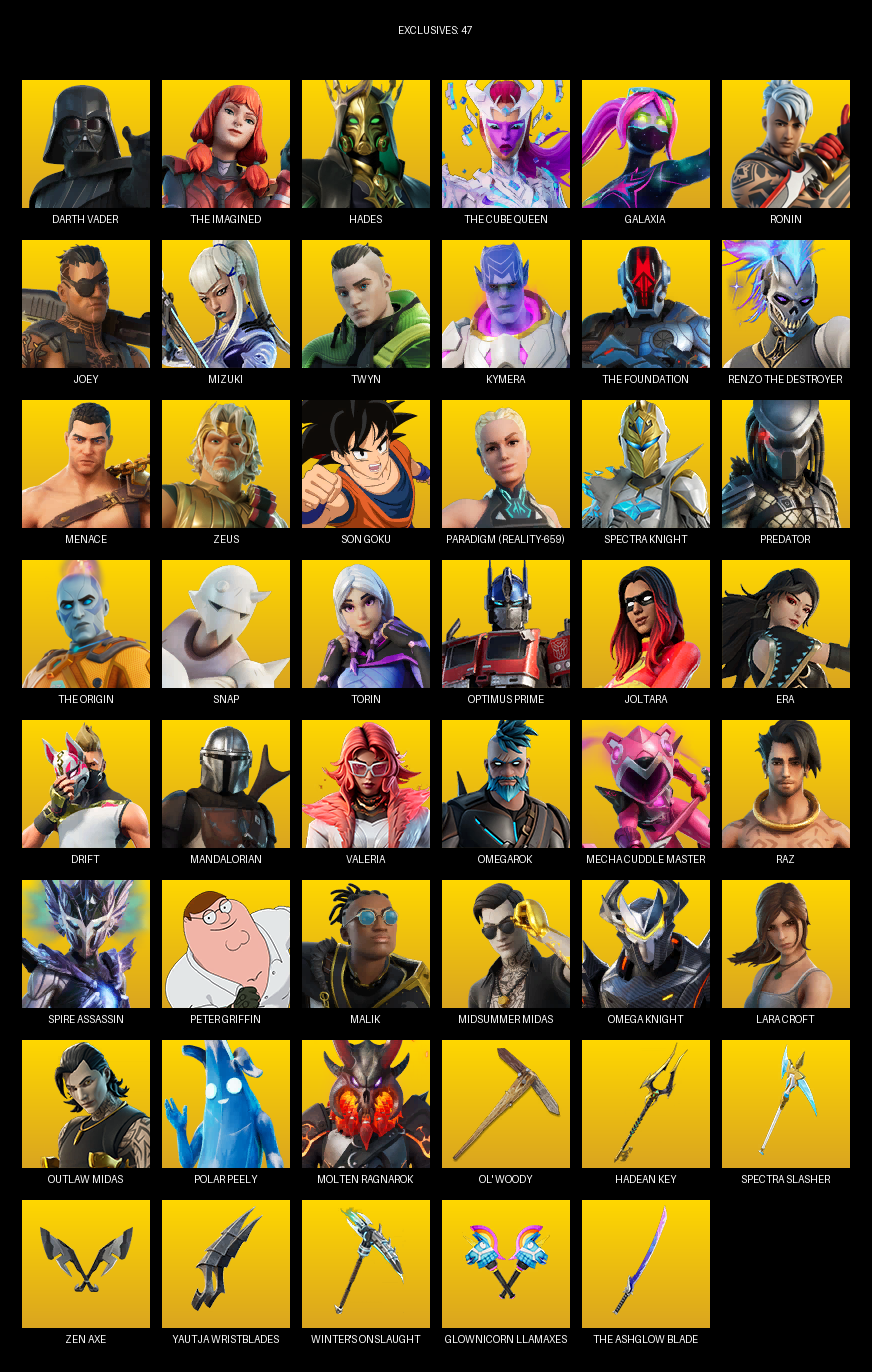 Fortnite Account ( PC ) (Lara Croft, Darth Vader, The Imagined, Hades, Galaxia, Ronin, Joey, Mizuki, Twyn, Kymera, Menace, Zeus, Son Goku, Paradigm (Reality-659), Spectra Knight, Predator) (231 Skins)