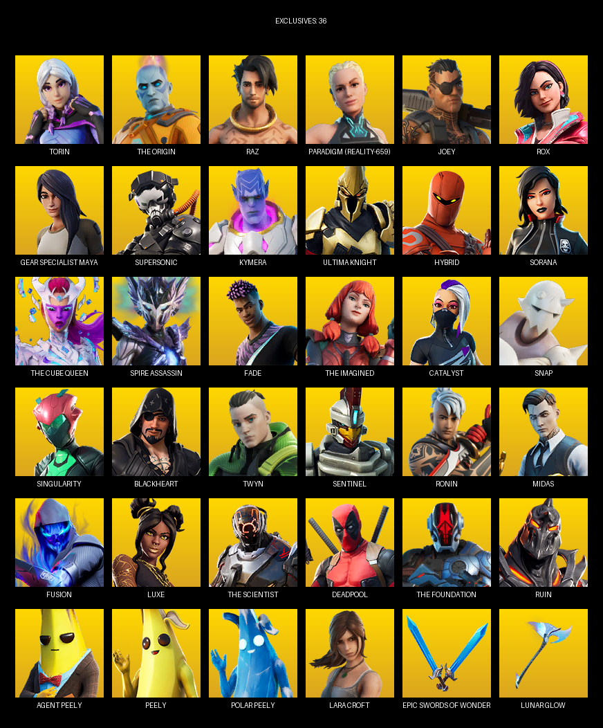 Fortnite Account ( PC / PLAYSTATION ) (Gear Specialist Maya, Lara Croft, Torin, The Origin, Raz, Paradigm (Reality-659), Joey, Rox, Supersonic, Kymera, Ultima Knight, Hybrid, Sorana, Spire Assassin, Fade, Catalyst, Snap, Singularity) (157 Skins)