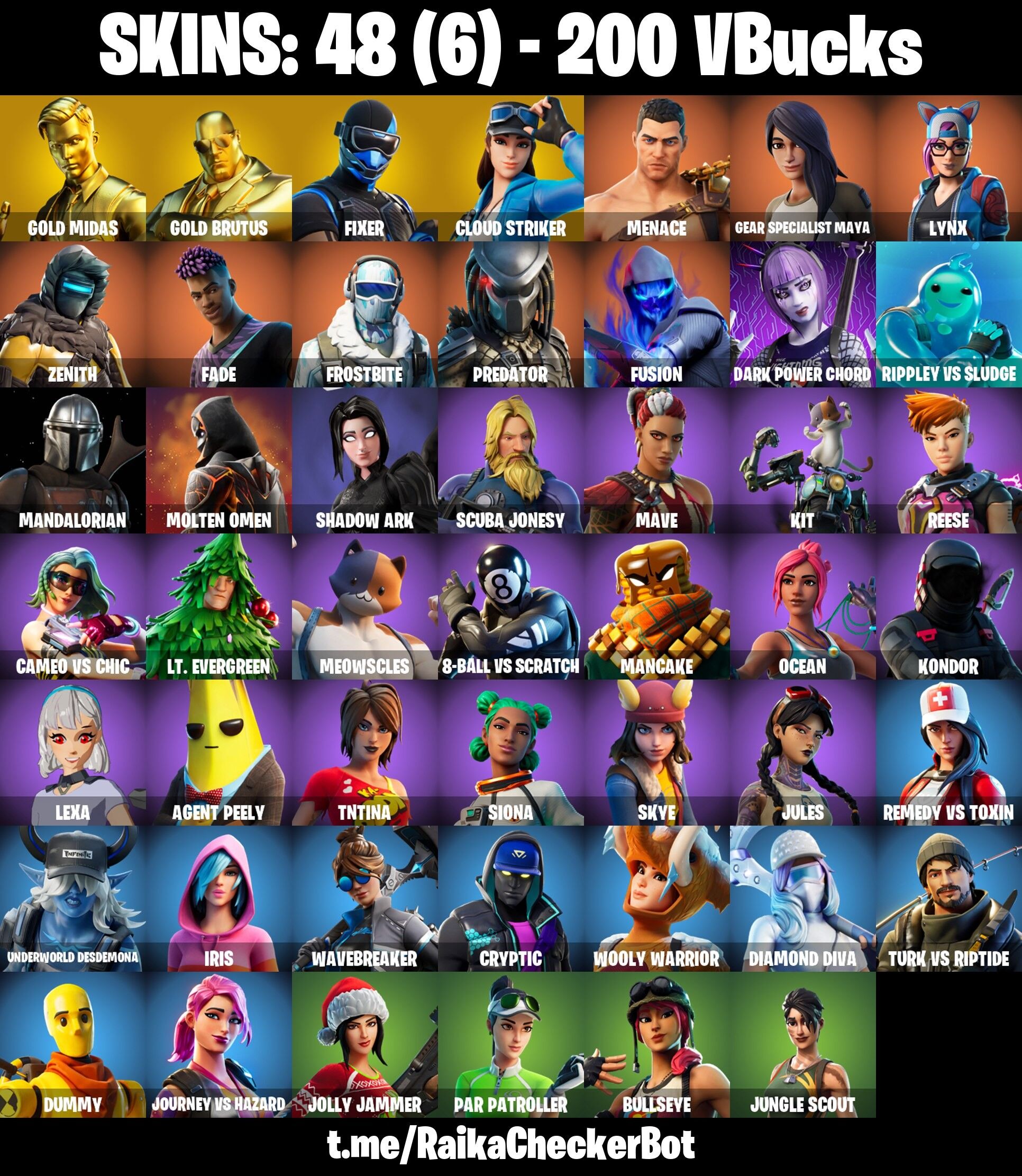 Fortnite Account ( PC / PLAYSTATION / XBOX ) (Gold Midas, Gold Brutus, Fixer, Cloud Striker, Menace, Gear Specialist Maya, Lynx, Zenith, Fade, Frostbite) (48 Skins)