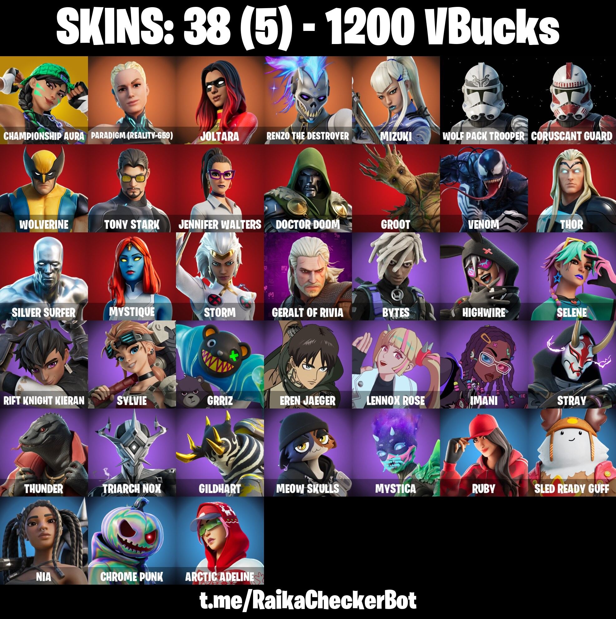 Fortnite Account ( PC / PLAYSTATION / XBOX ) (Championship Aura, Paradigm (Reality-659), Joltara, Renzo the Destroyer) (38 Skins)