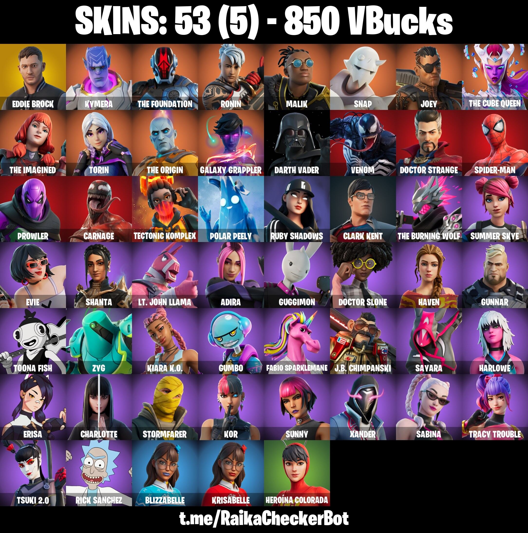 Fortnite Account ( PC / PLAYSTATION / XBOX ) (Eddie Brock, Kymera, The Foundation, Ronin, Malik, Snap, Joey, The Cube Queen, The Imagined, Torin, The Origin) (53 Skins)