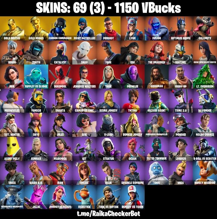 Fortnite Account ( PC / PLAYSTATION / XBOX ) (Gold Brutus, Gold Midas, Carbon Commando, Point Patroller, Prodigy, Lynx, Fusion, Optimus Prime, Calamity, Ronin, Zenith) (69 Skins)