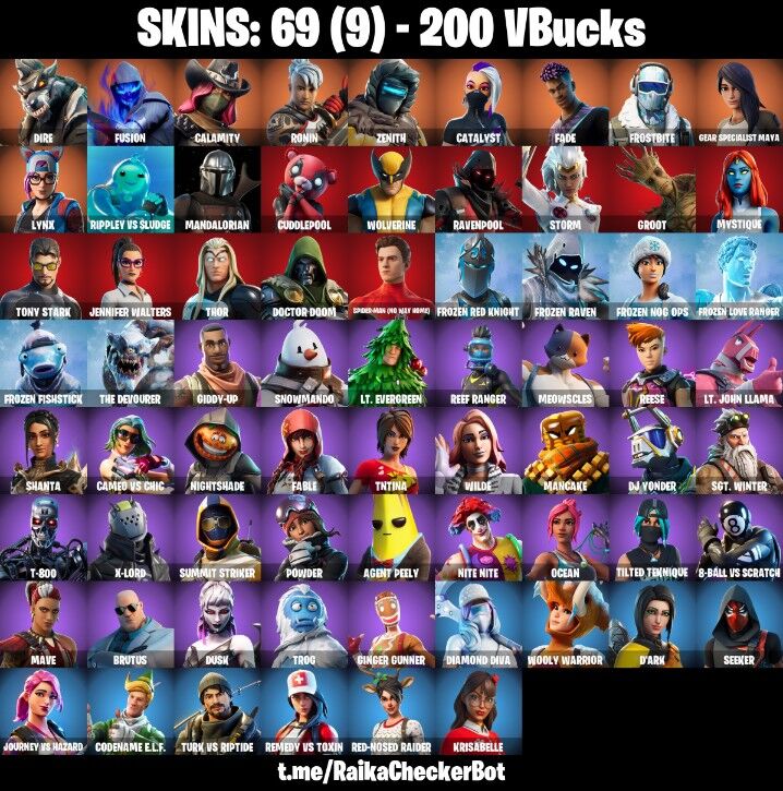 Fortnite Account ( PC / PLAYSTATION / XBOX ) (Dire, Fusion, Calamity, Ronin, Zenith, Catalyst, Fade, Frostbite, Gear Specialist Maya, Lynx) (69 Skins)