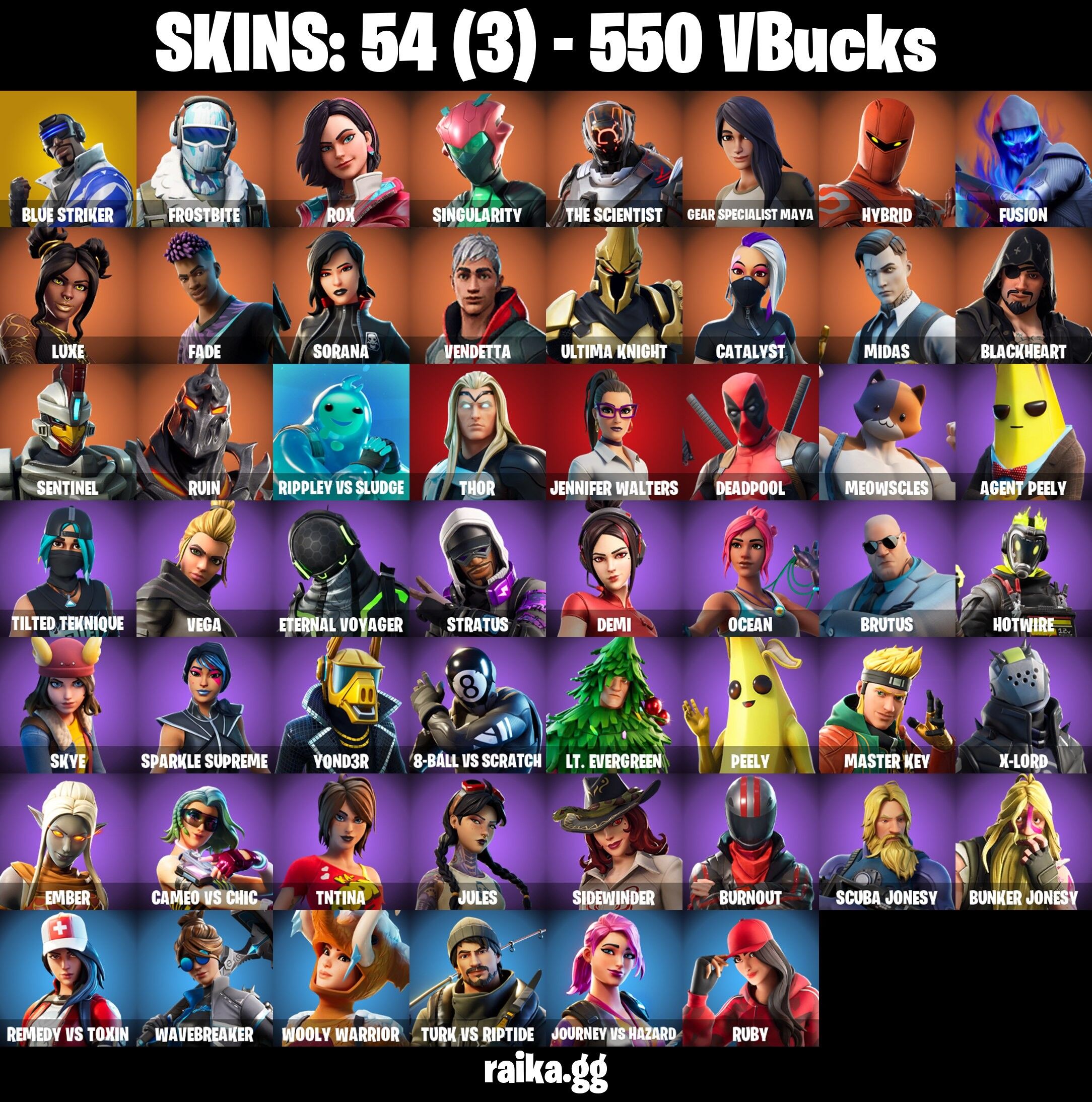 Fortnite Account ( PC / PLAYSTATION / XBOX ) (Blue Striker, Frostbite, Rox, Singularity, The Scientist, Gear Specialist Maya, Hybrid, Fusion, Luxe, Fade, Sorana) (54 Skins)