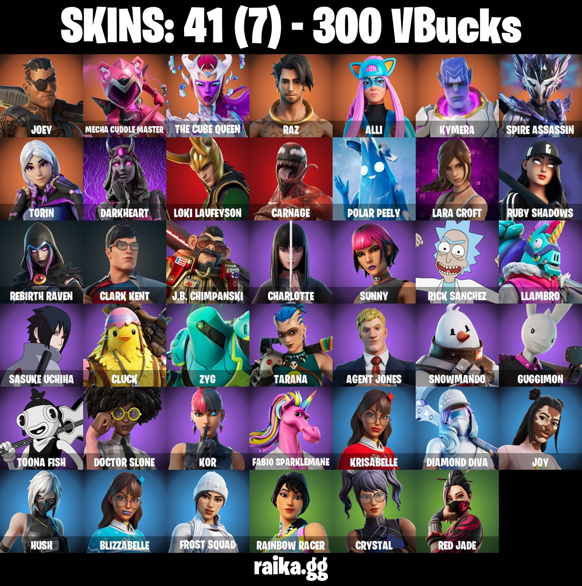 Fortnite Account ( PC / PLAYSTATION / XBOX ) (Joey, Mecha Cuddle Master, The Cube Queen, Raz, Alli, Kymera, Spire Assassin, Torin, Darkheart, Loki Laufeyson, Carnage) (41 Skins) Fortnite Account ( PC / PLAYSTATION / XBOX ) (Joey, Mecha Cuddle Master, The Cube Queen, Raz, Alli, Kymera, Spire Assassin, Torin, Darkheart, Loki Laufeyson, Carnage) (41 Skins)