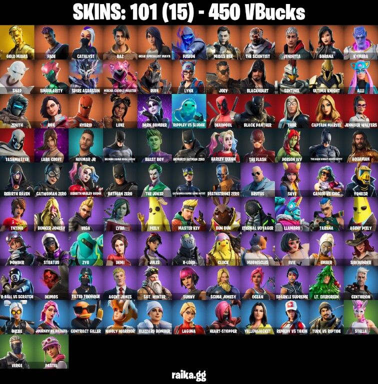 Fortnite Account ( PC / PLAYSTATION / XBOX ) (Gold Midas, Fade, Catalyst, Raz, Gear Specialist Maya, Fusion, Midas Rex, The Scientist, Vendetta, Sorana, Kymera, Snap) (101 Skins)