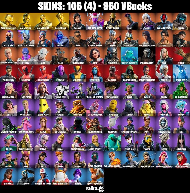 Fortnite Account ( PC / PLAYSTATION / XBOX ) (Gold Meowscles, Gold TNTina, Gold Brutus, Gold Midas, Sorana, The Cube Queen, Ultima Knight, Fade, Torin, The Foundation) (105 Skins)